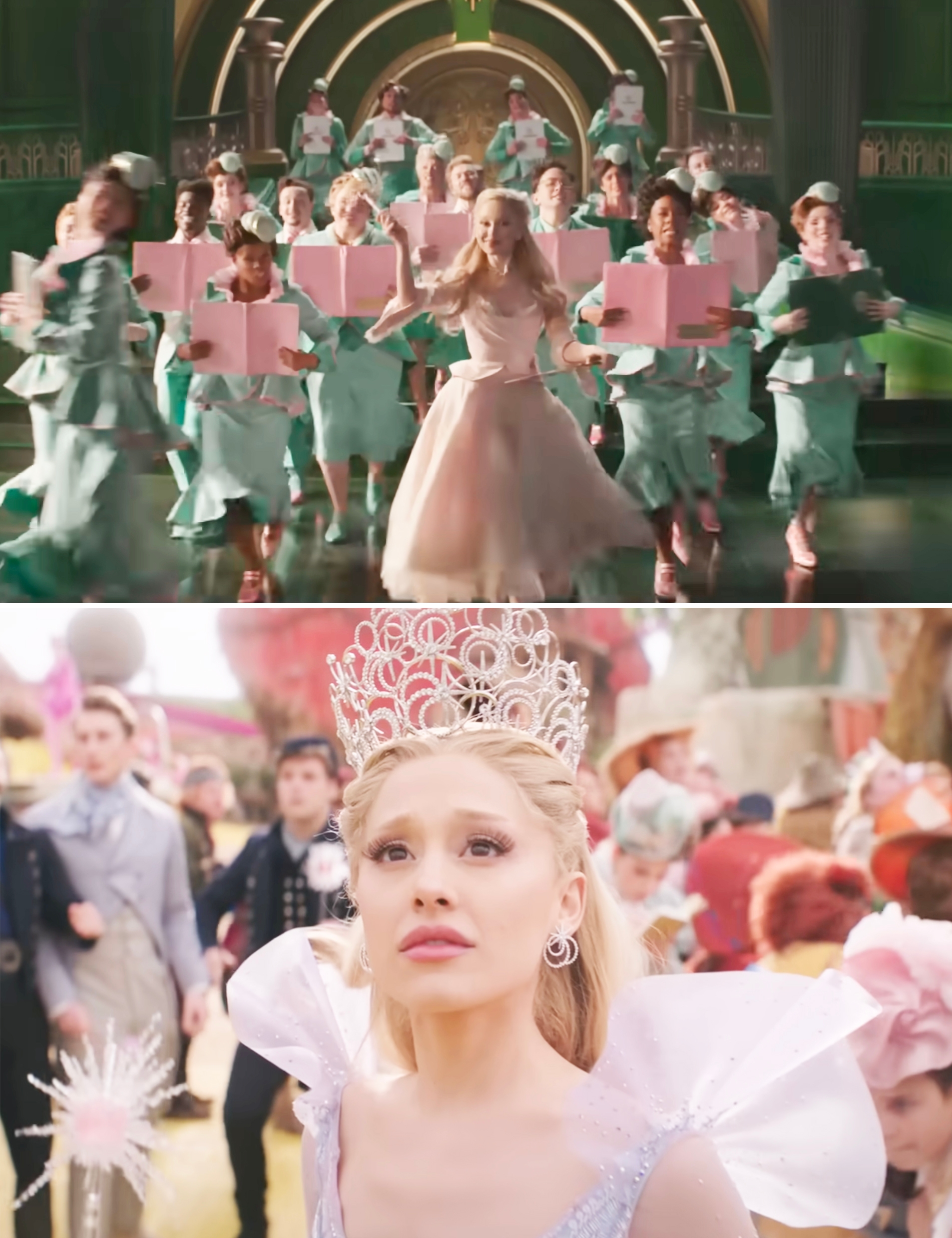 An actress in a fantasy film scene wears a flowing gown and crown, surrounded by dancers in uniform outfits