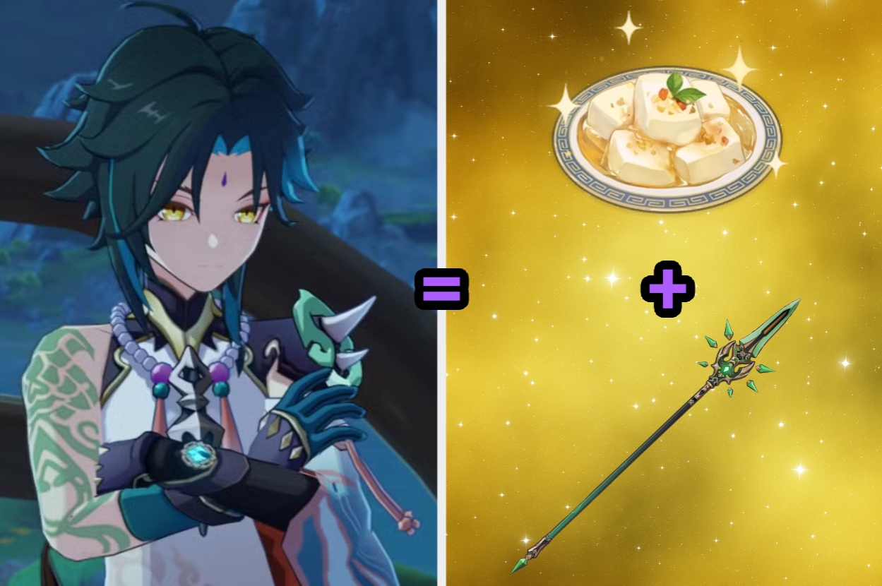 An anime character, from "Genshin Impact", holds a green weapon, shown alongside an equation with a dessert and ornate spear, suggesting a combination or power-up