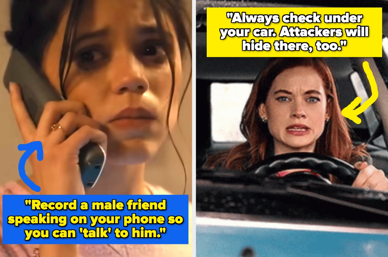 Image of two women: One holds a phone with advice to record a male friend speaking; the other is in a car with advice to check under it for safety