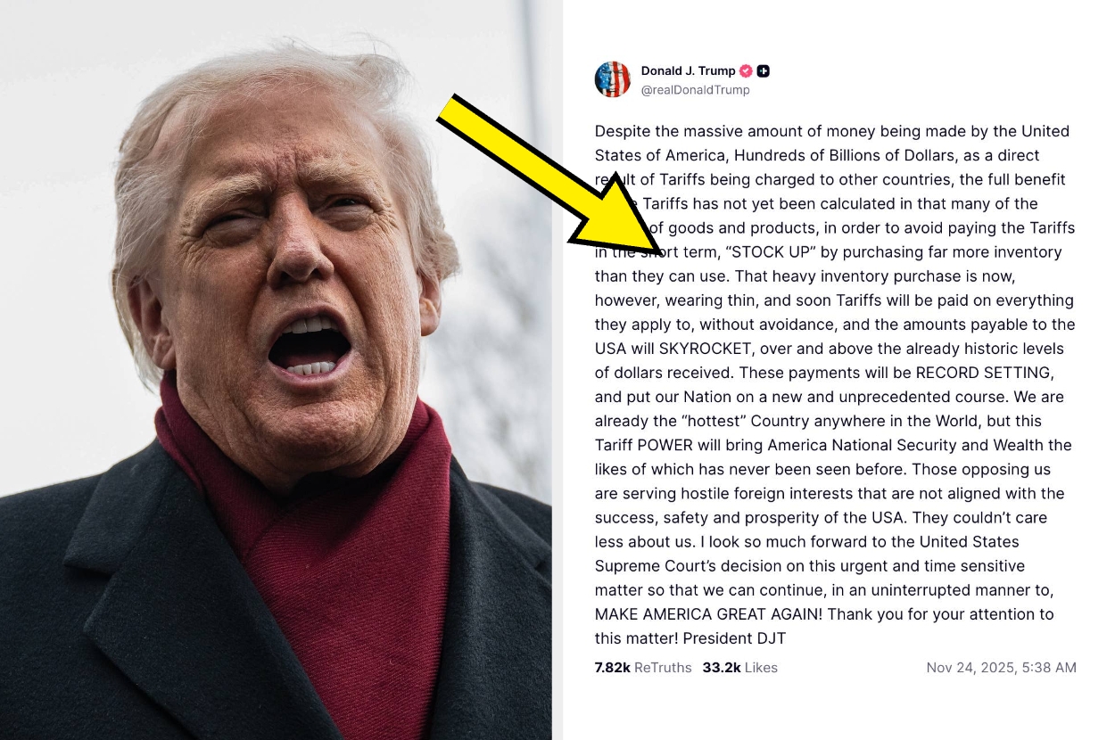 Arrow highlights text from a tweet by Donald Trump discussing tariffs, urging people to 'STOCK UP' on goods before prices rise