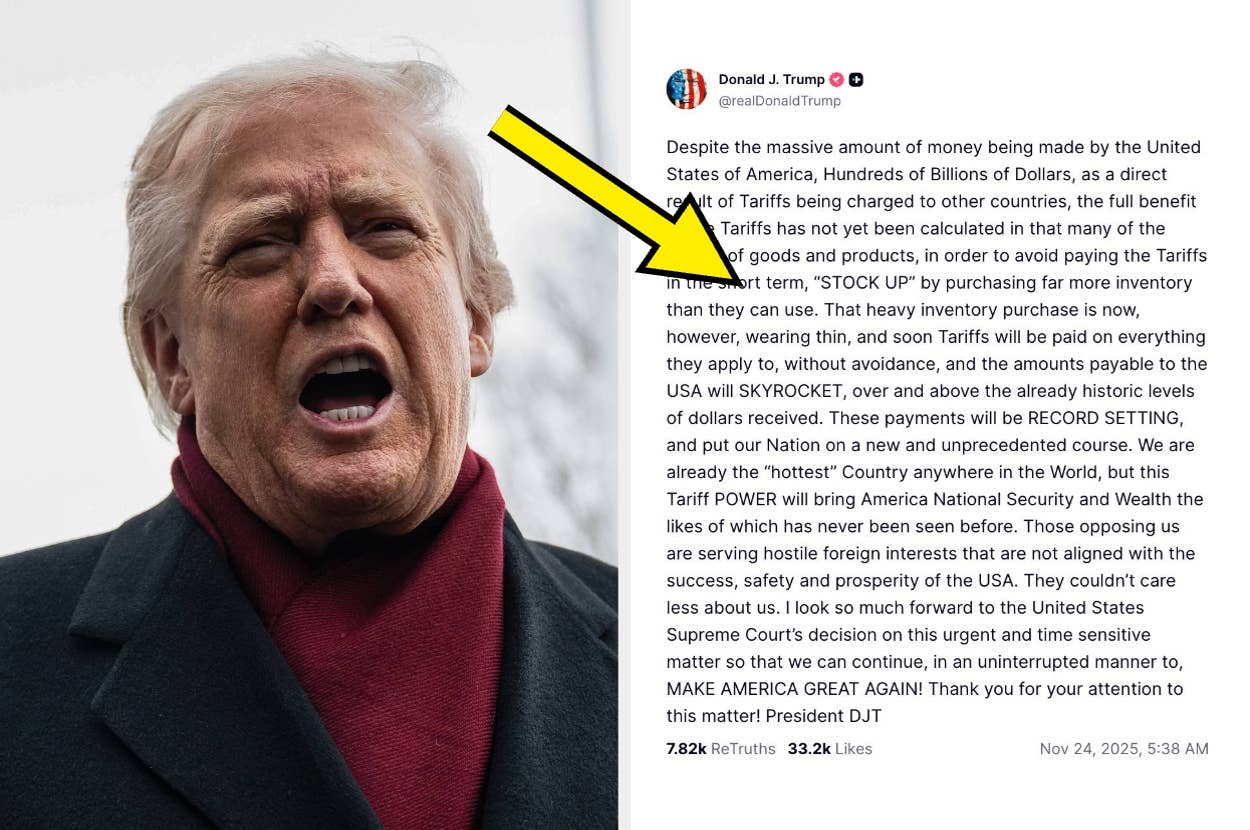 Arrow highlights text from a tweet by Donald Trump discussing tariffs, urging people to 'STOCK UP' on goods before prices rise