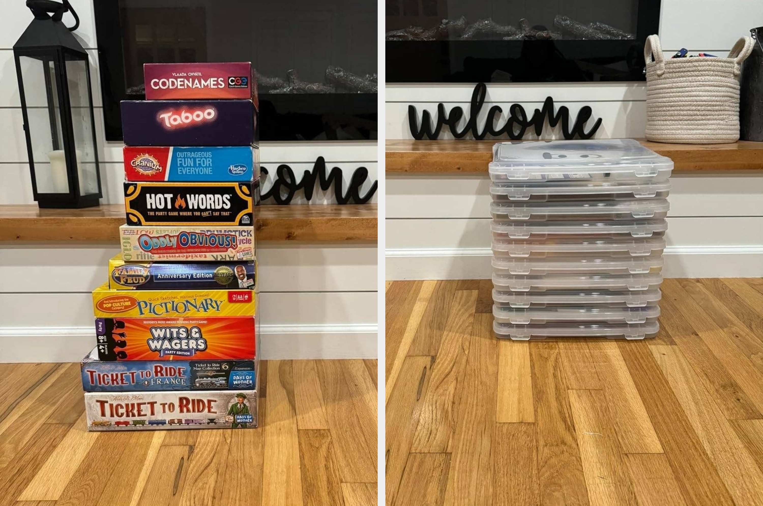 Two images: a rotating toy organizer with stuffed animals and toys; a drawer organized with various kitchen utensils