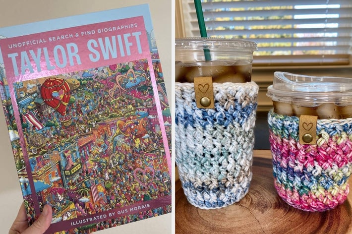 Book titled "Taylor Swift" with intricate cover design next to iced drinks in colorful crochet sleeves on a wooden surface