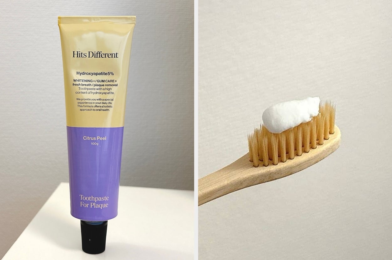 「Hits Different」と書かれた歯磨き粉のチューブ。風味はシトラスピール。ホワイトニングとガムケアを強調した商品説明付き。