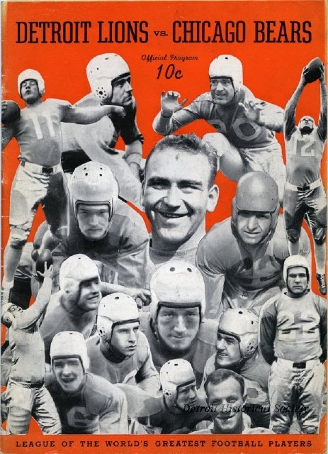 Vintage football program cover featuring Detroit Lions and Chicago Bears players. Various action shots and team logos are displayed