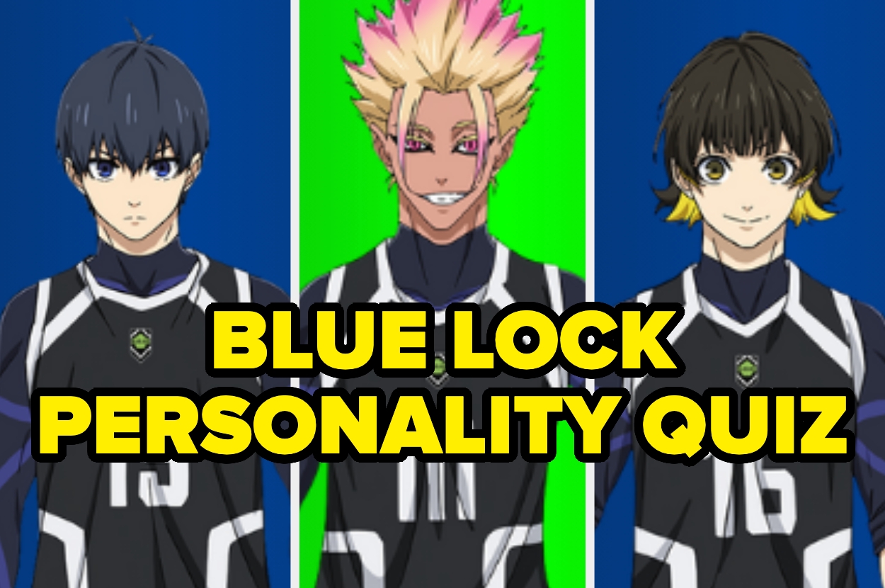 Three anime characters in black jerseys on a neon background, with text: "Blue Lock Personality Quiz."