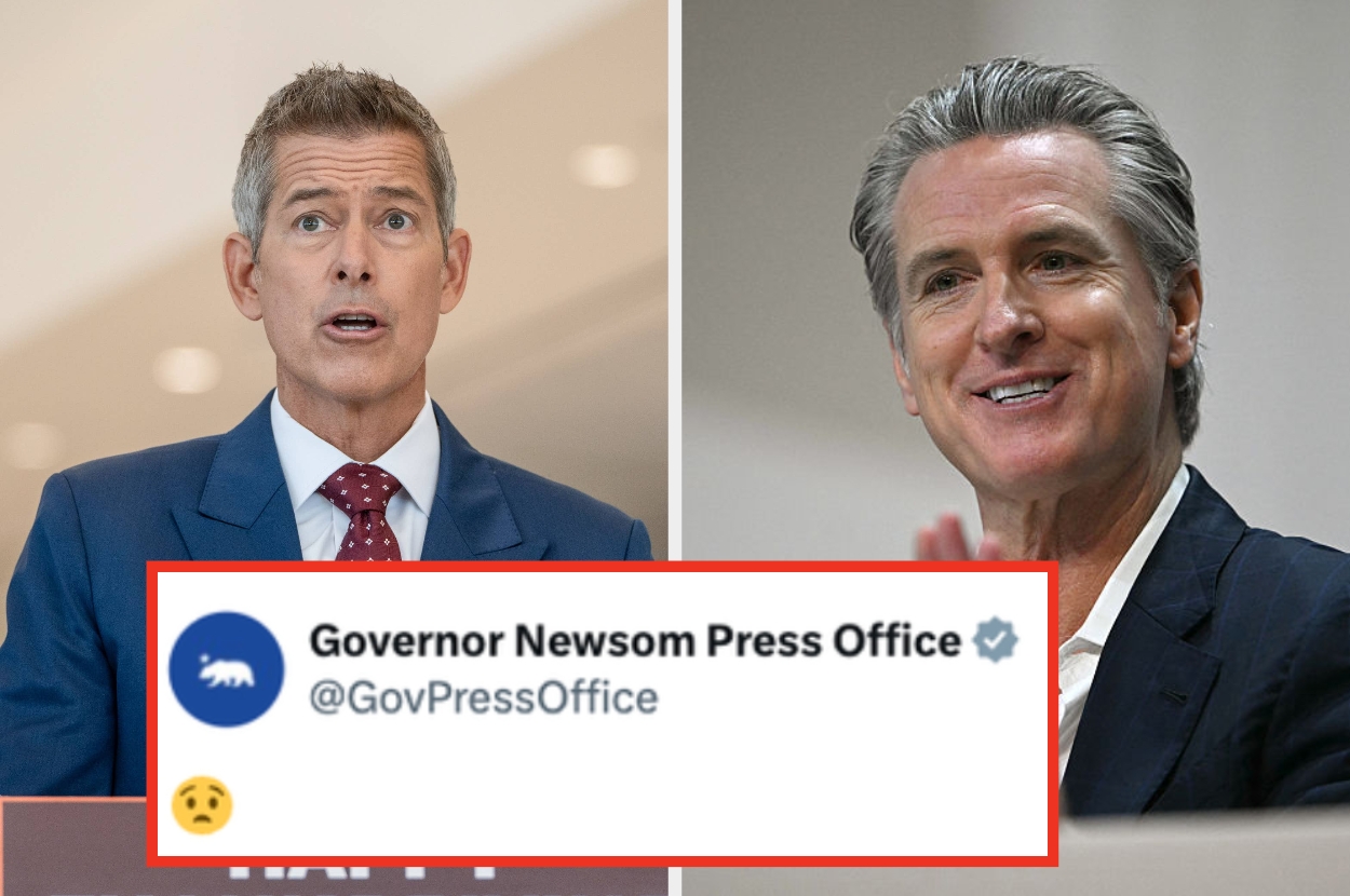 Two men in suits next to an image of a tweet from "Governor Newsom Press Office," showing a sad face emoji