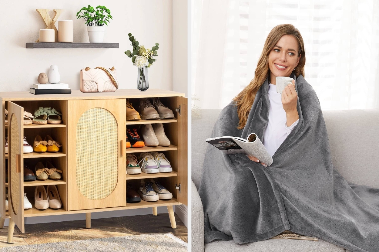 Model on couch with a magazine and cup, wrapped in a blanket. Nearby, a shoe cabinet with various shoes and decor. Cozy and organized living space