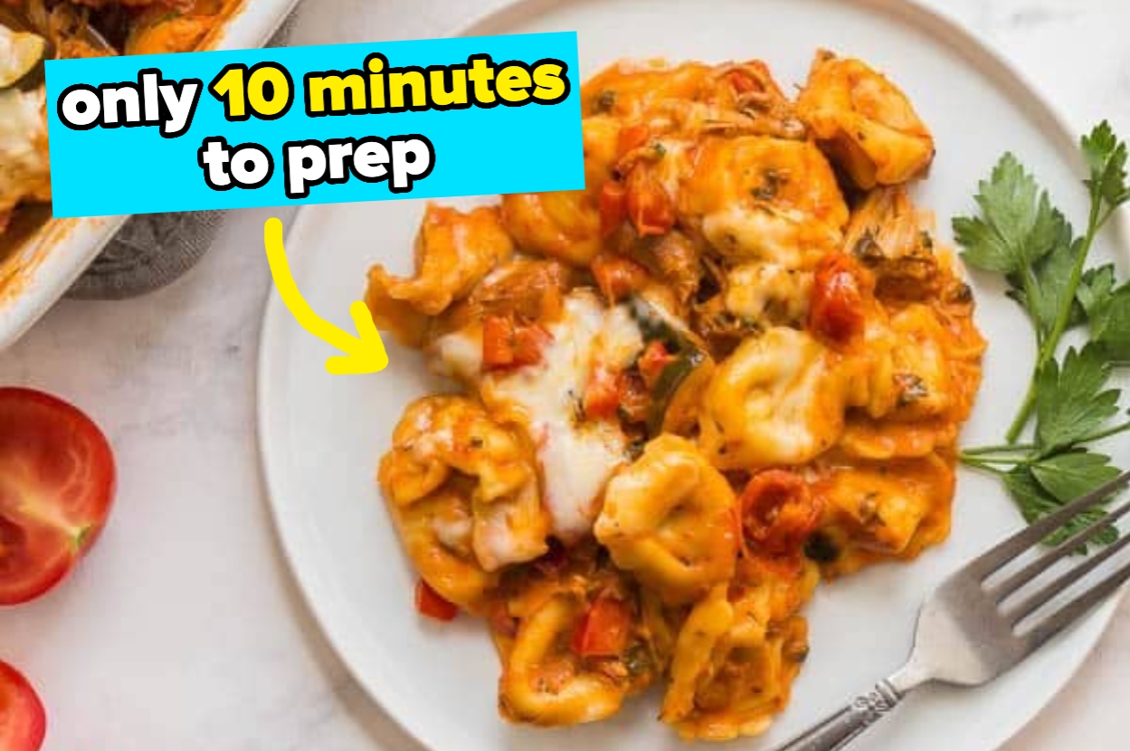 Cheesy baked tortellini with tomatoes on a plate; text reads "only 10 minutes to prep."