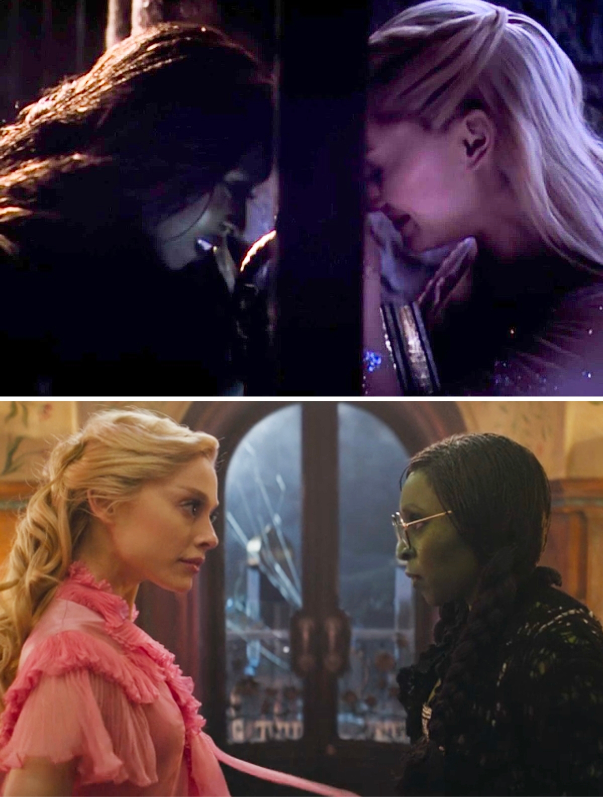 Two women in a magical setting, one with dark hair, the other with blonde hair, share a moment. Below, they face each other, one in pink, one with green skin