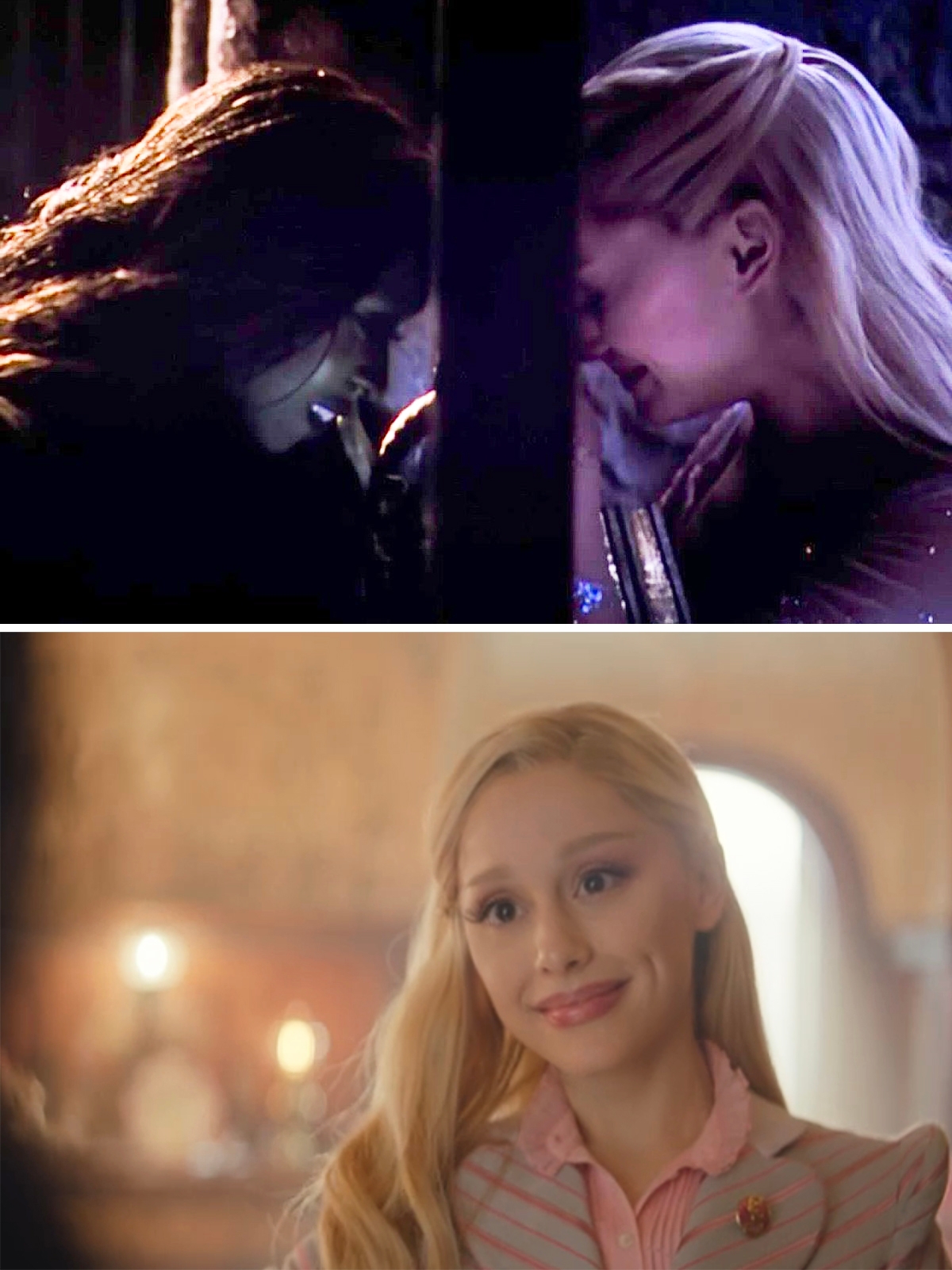 First, two women touch foreheads emotionally. Second, a woman in a pink blazer and striped shirt smiles warmly