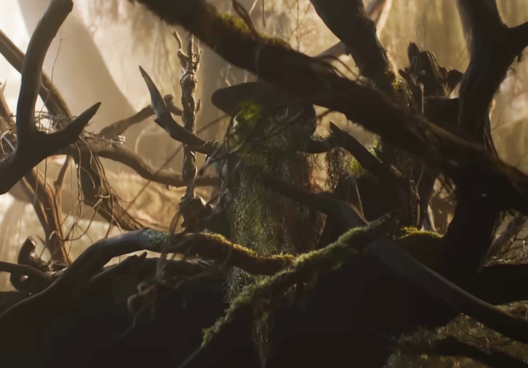 A whimsical creature with a hat and mossy beard nestled among twisted branches in a fantasy setting