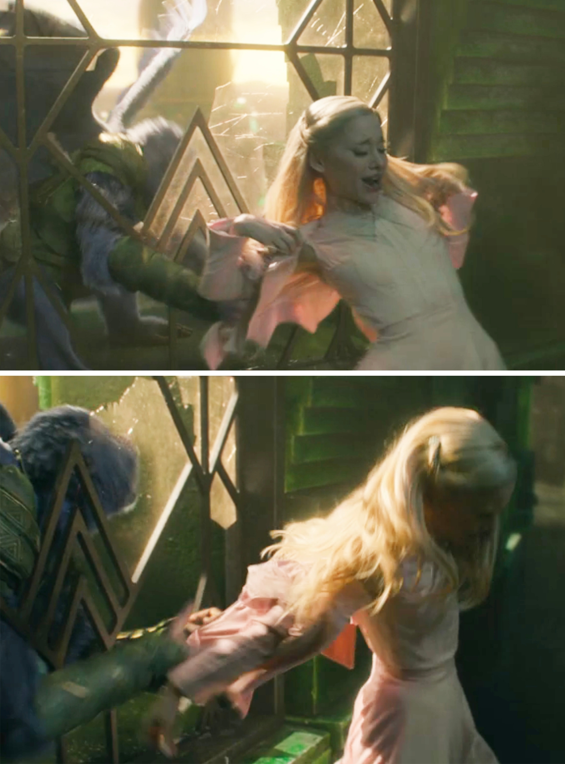 Two scenes from a fantasy film showing a woman in an elegant dress being pulled through a window by a creature in armor