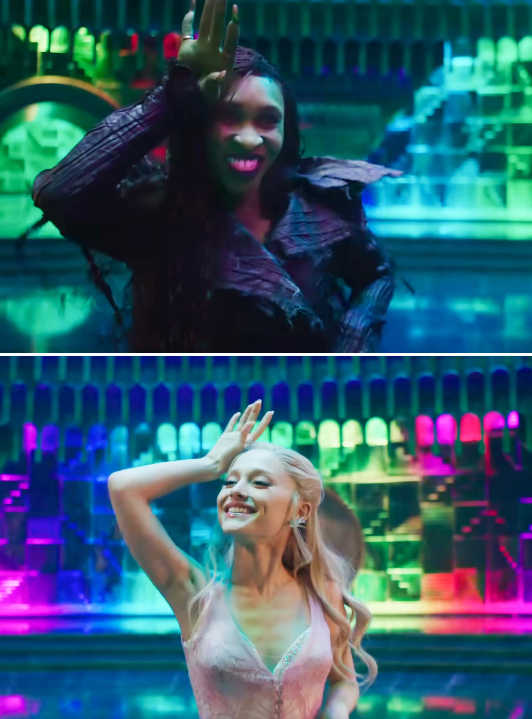 Two screenshots of women dancing and posing with hand gestures, set against vibrant, illuminated backgrounds in a TV or movie scene