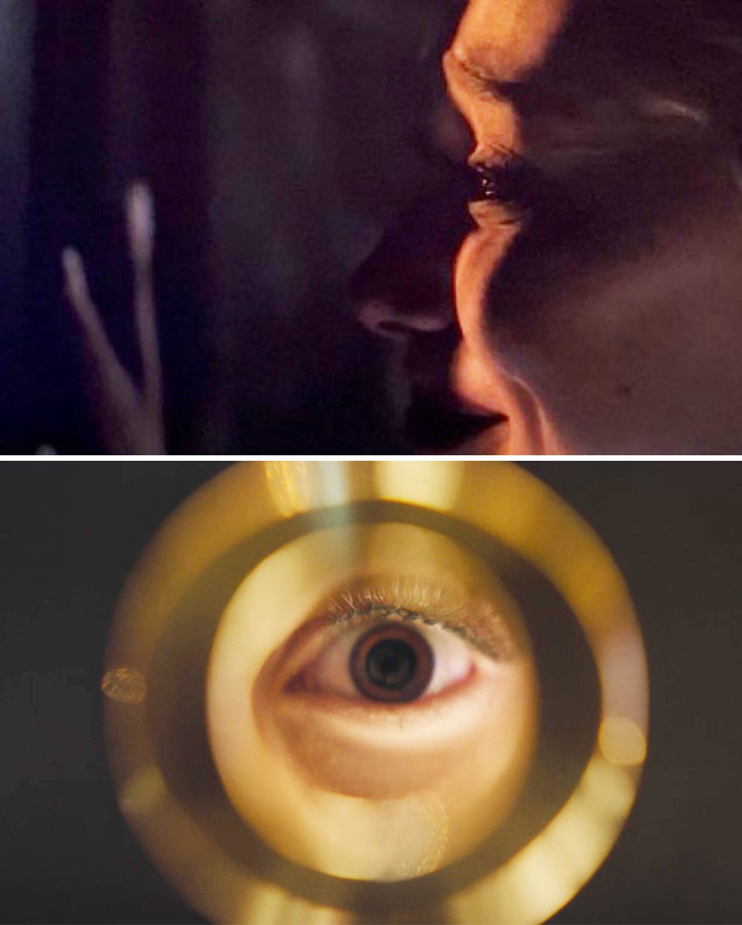 Close-up of a woman's emotional face, with a tear; below, an eye looking through a peephole. Both images convey a sense of tension and curiosity