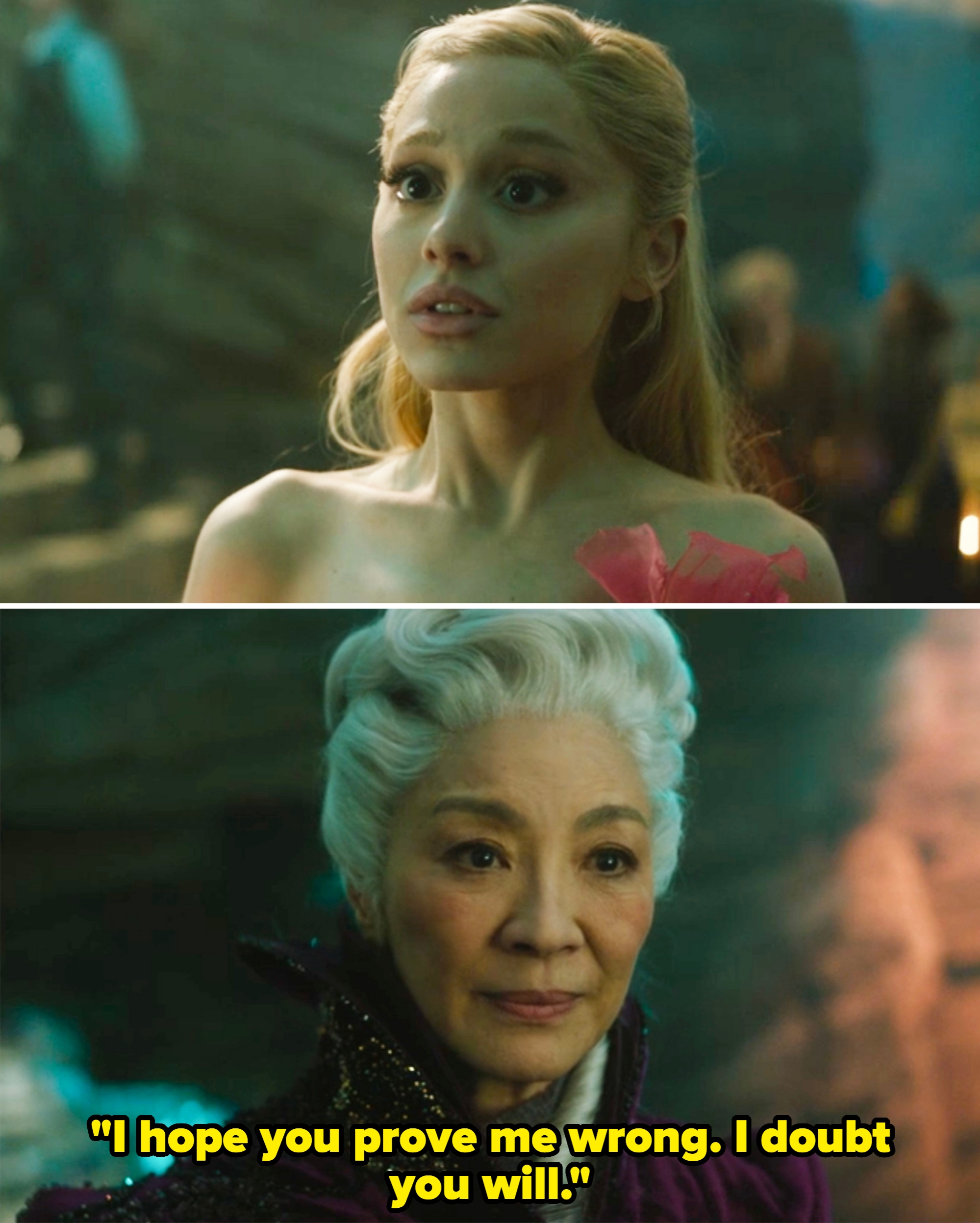 one with long hair and an off-shoulder dress; the other with an elaborate updo and a regal outfit