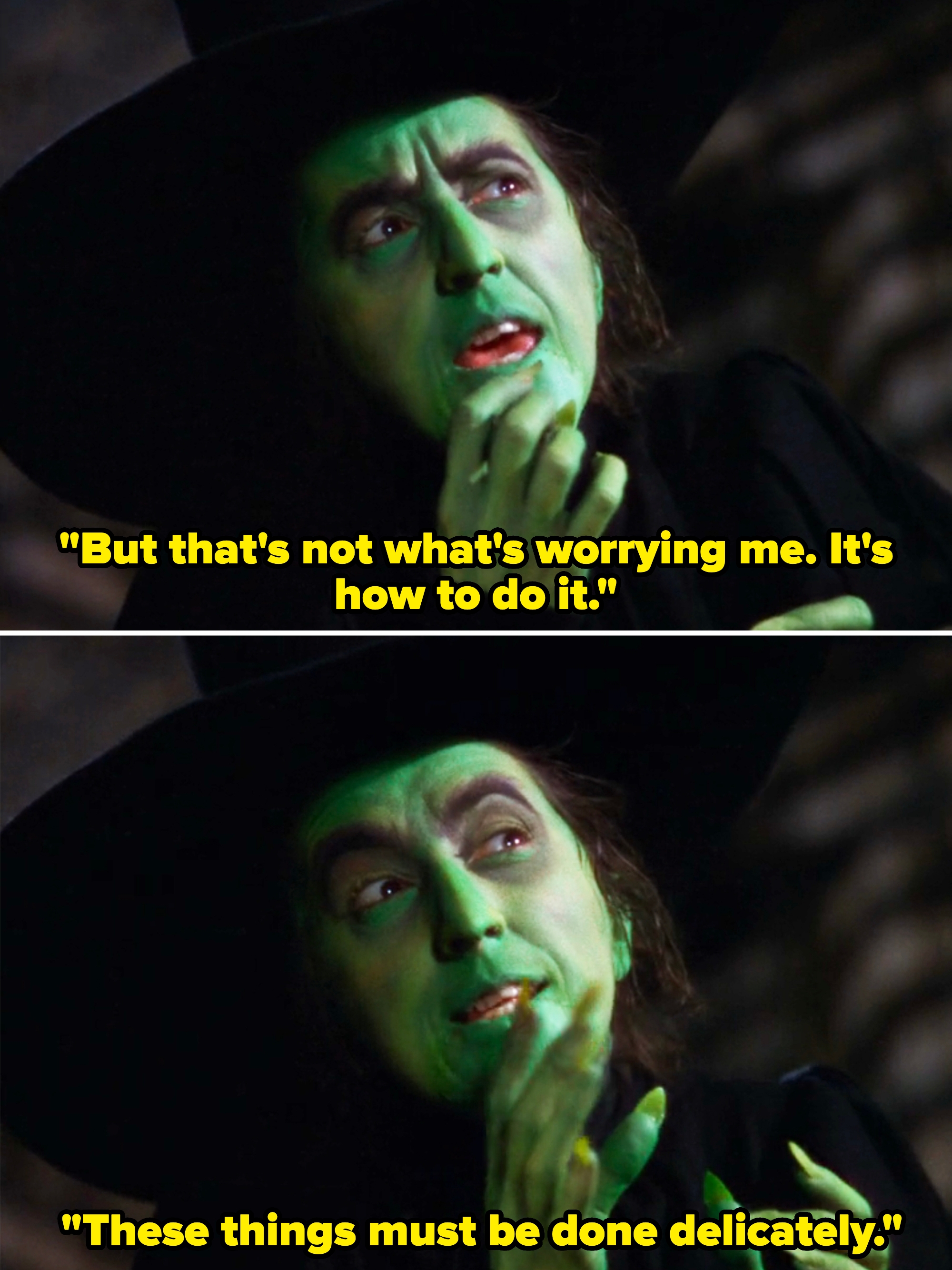 Character with green skin and a pointed hat from a classic film, appearing thoughtful in two similar expressions