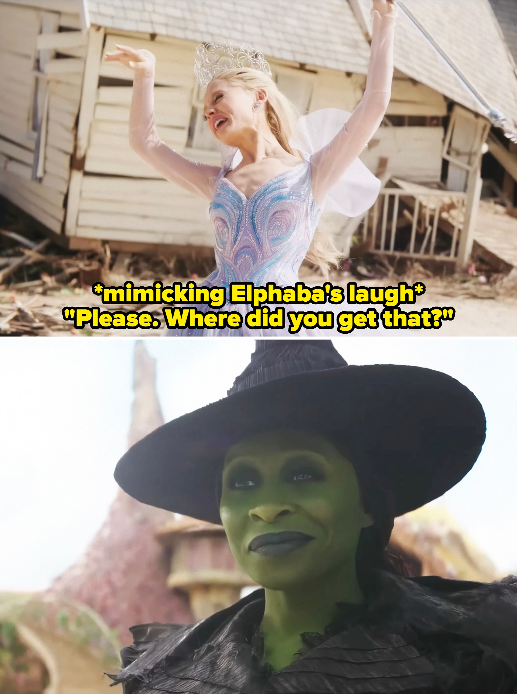 Actor as witch in black hat and costume, smiling with green makeup