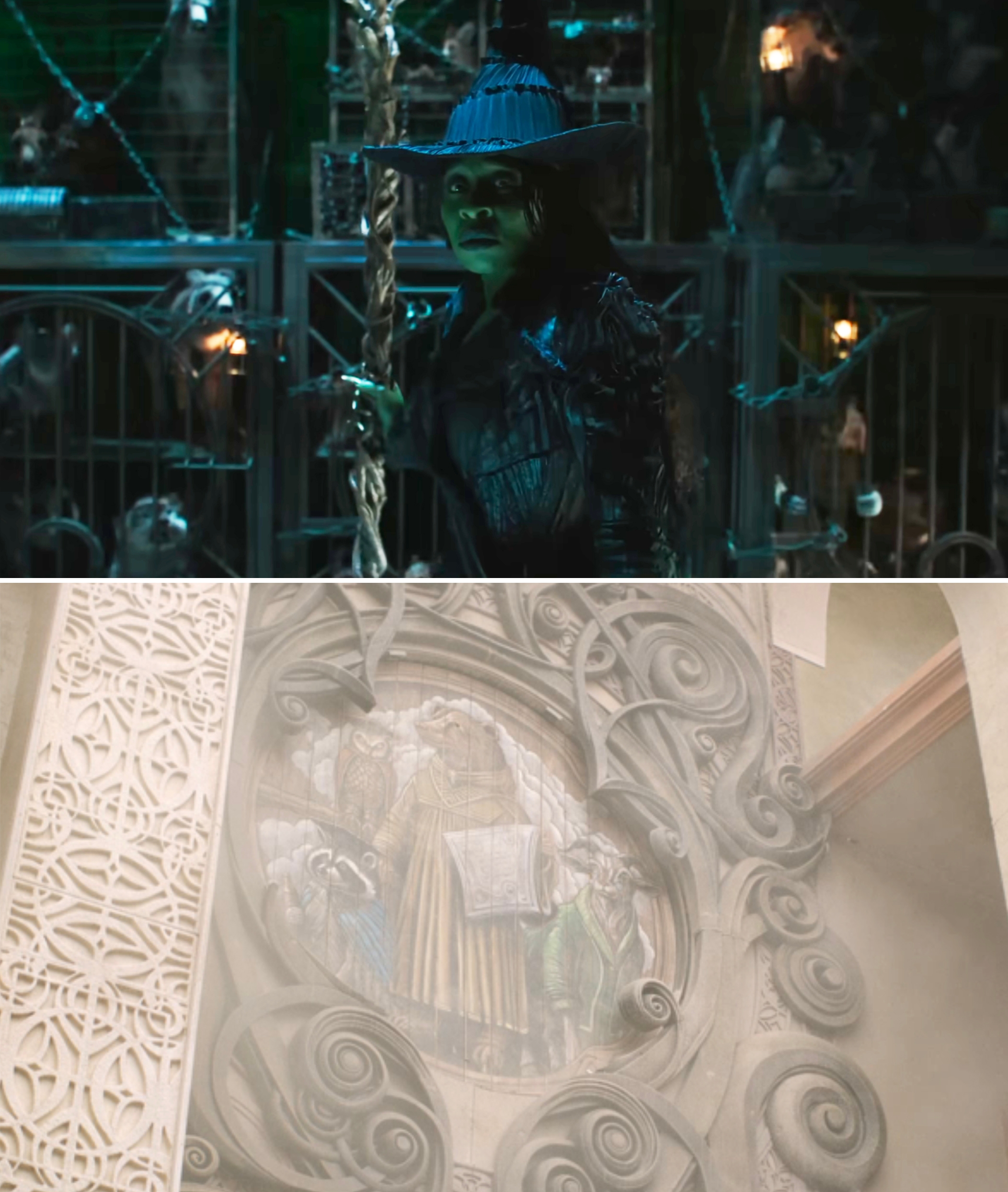 Person in a pointed hat and dark, feathered costume in a mystical setting; intricate carved design with figures on a wall