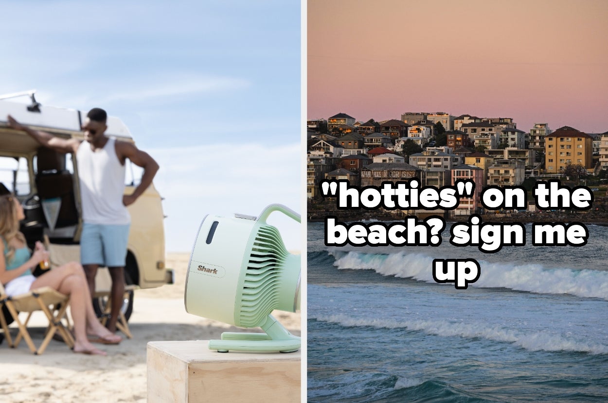 People relax near a camper with a fan on a beach. Text overlay reads: "hotties on the beach? sign me up" with a coastal town background