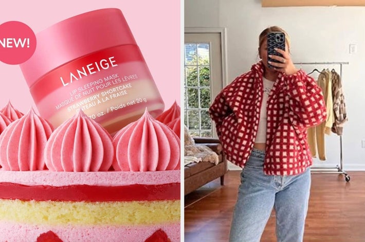Laneige Strawberry Shortcake Lip Sleeping Mask and a person in a checkered jacket, jeans, taking a mirror selfie in a casual room setting