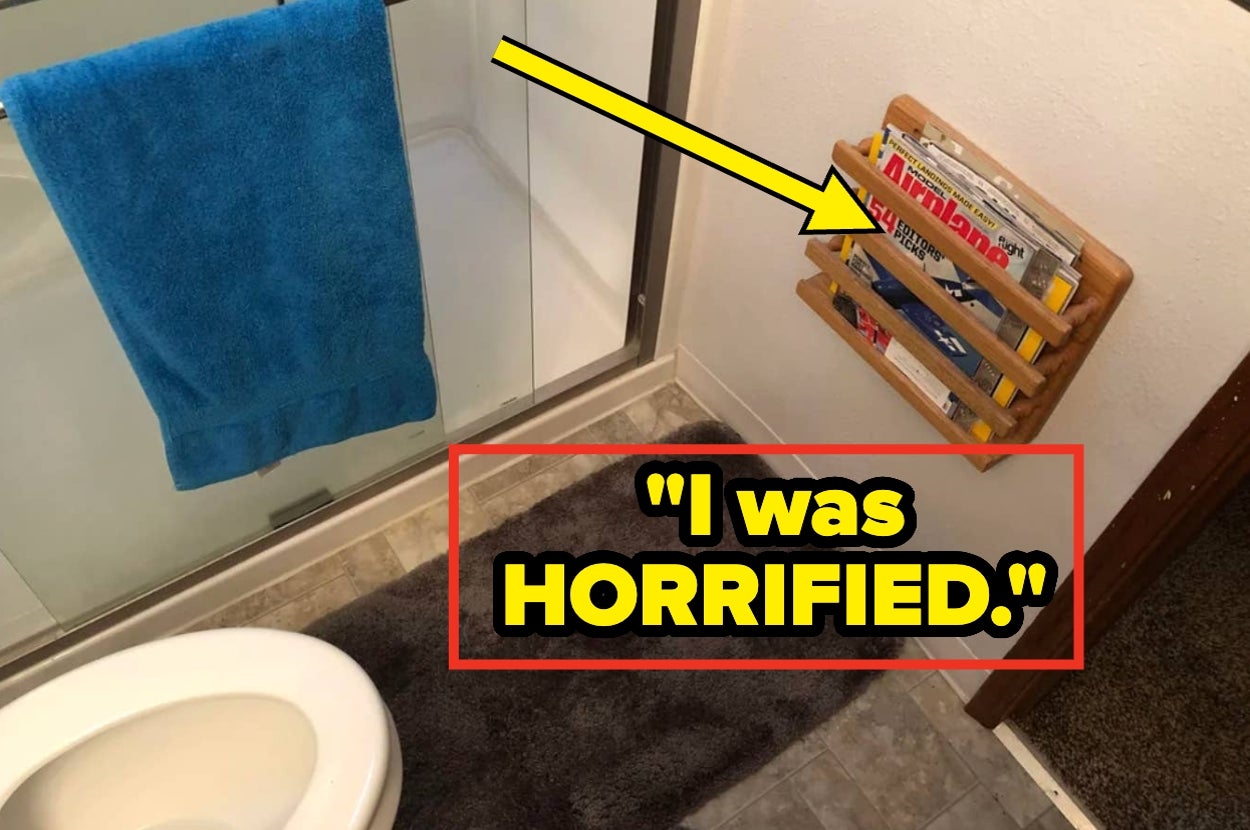 Bathroom with a towel rack, magazine holder, and a caption: "I was HORRIFIED."