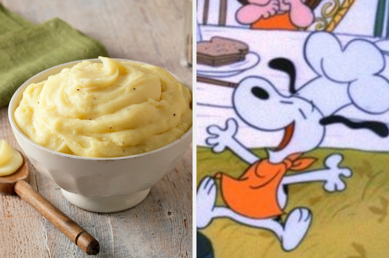 Bowl of mashed potatoes beside an Snoopy dancing joyfully in a chef hat and apron