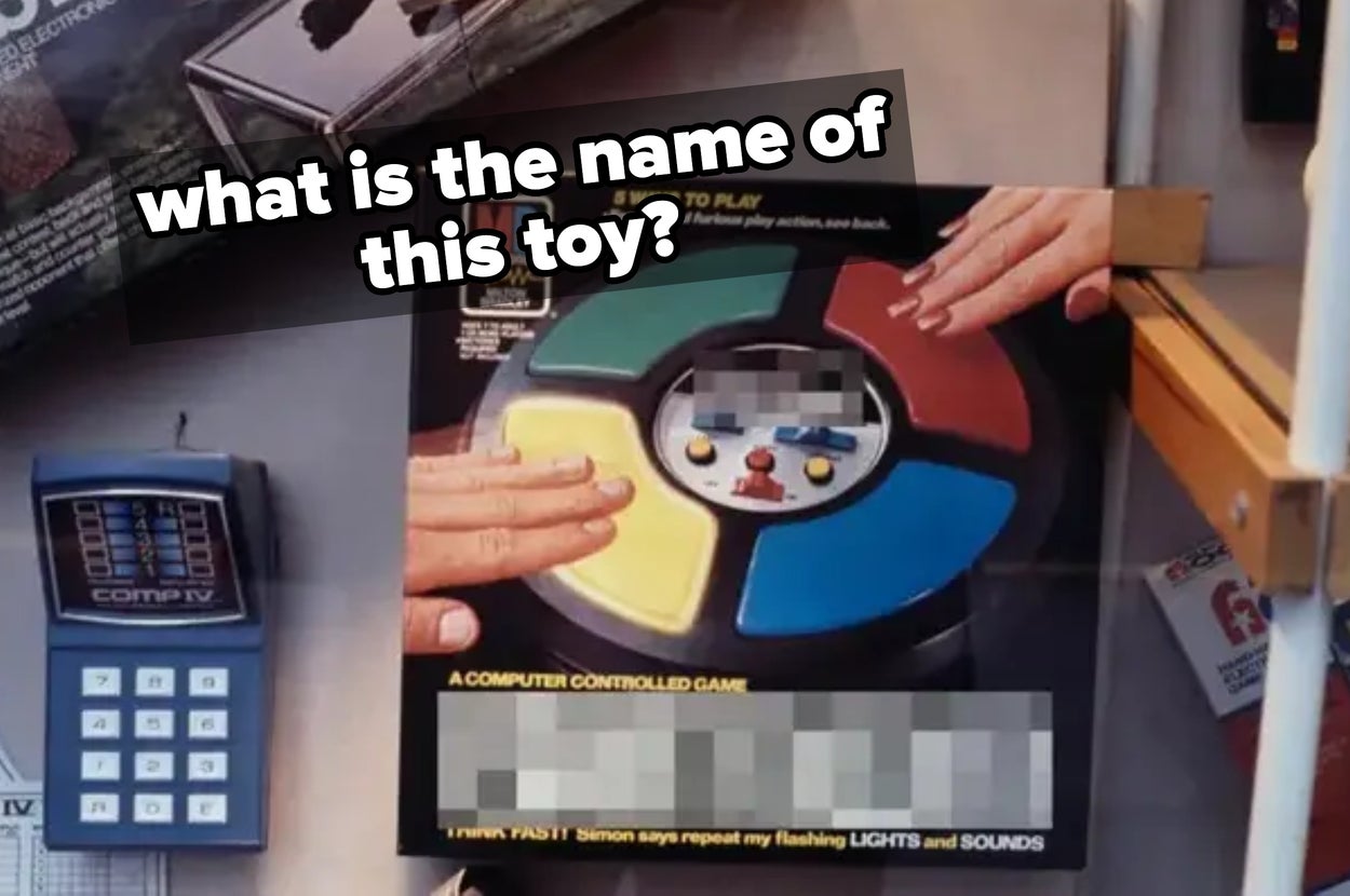 Hands hover over a vintage electronic memory game with colored panels. Text asks for the toy's name. Nearby is a calculator-like device