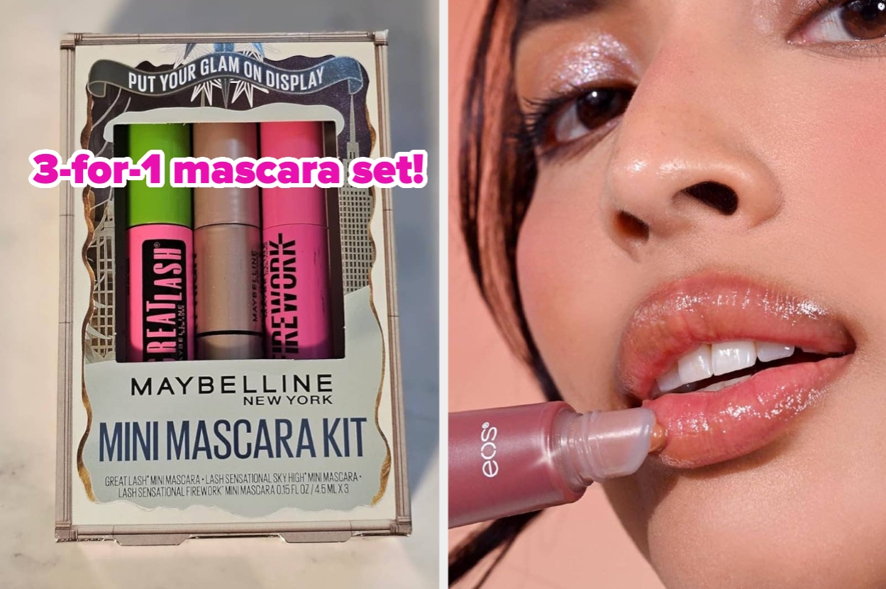 Maybelline Mini Mascara Kit packaging with bold text reading "3-for-1 mascara set!" and a person applying eos lip balm