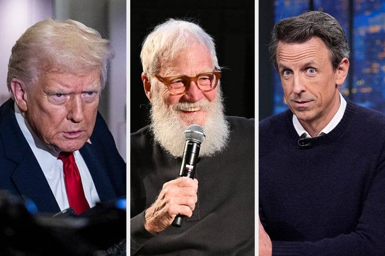 Three prominent public figures: a suited man, a bearded man with glasses holding a microphone, and a casually dressed man with an inquisitive look