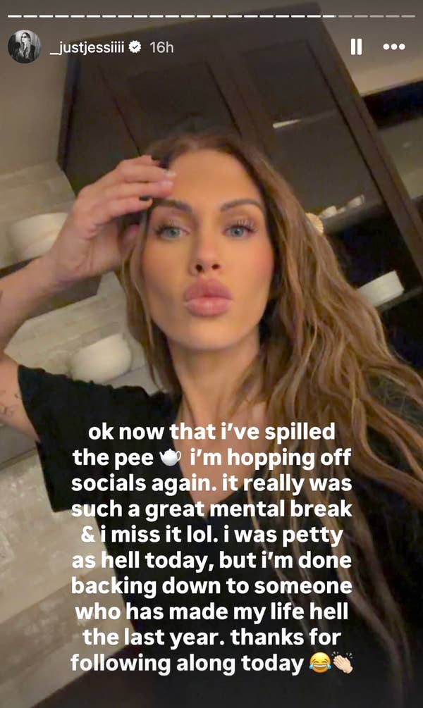 Person posing for a selfie with long hair, wearing casual black T-shirt. Overlay text describes leaving socials due to personal stress