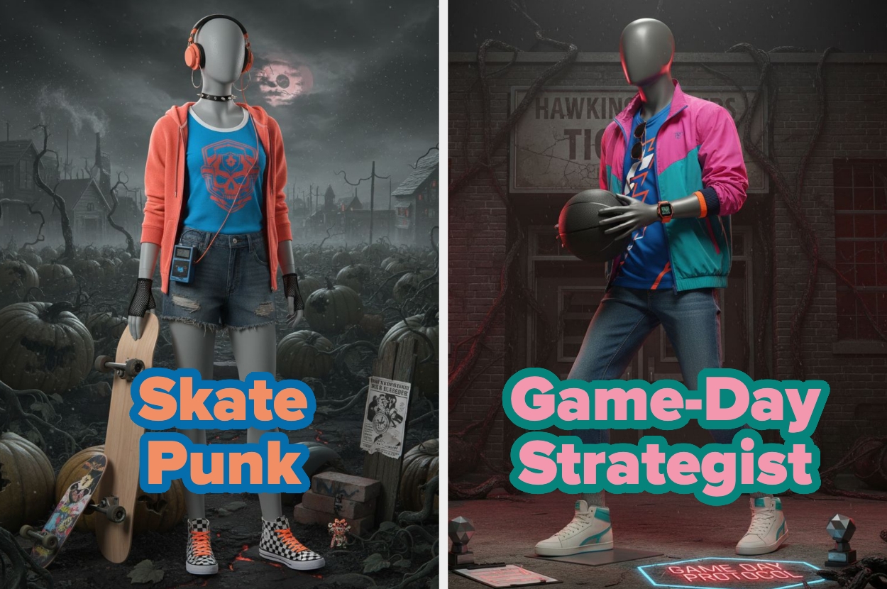 Two mannequins dressed in themed outfits: left is "Skate Punk" with skateboard gear; right is "Game-Day Strategist" with a basketball and sporty attire