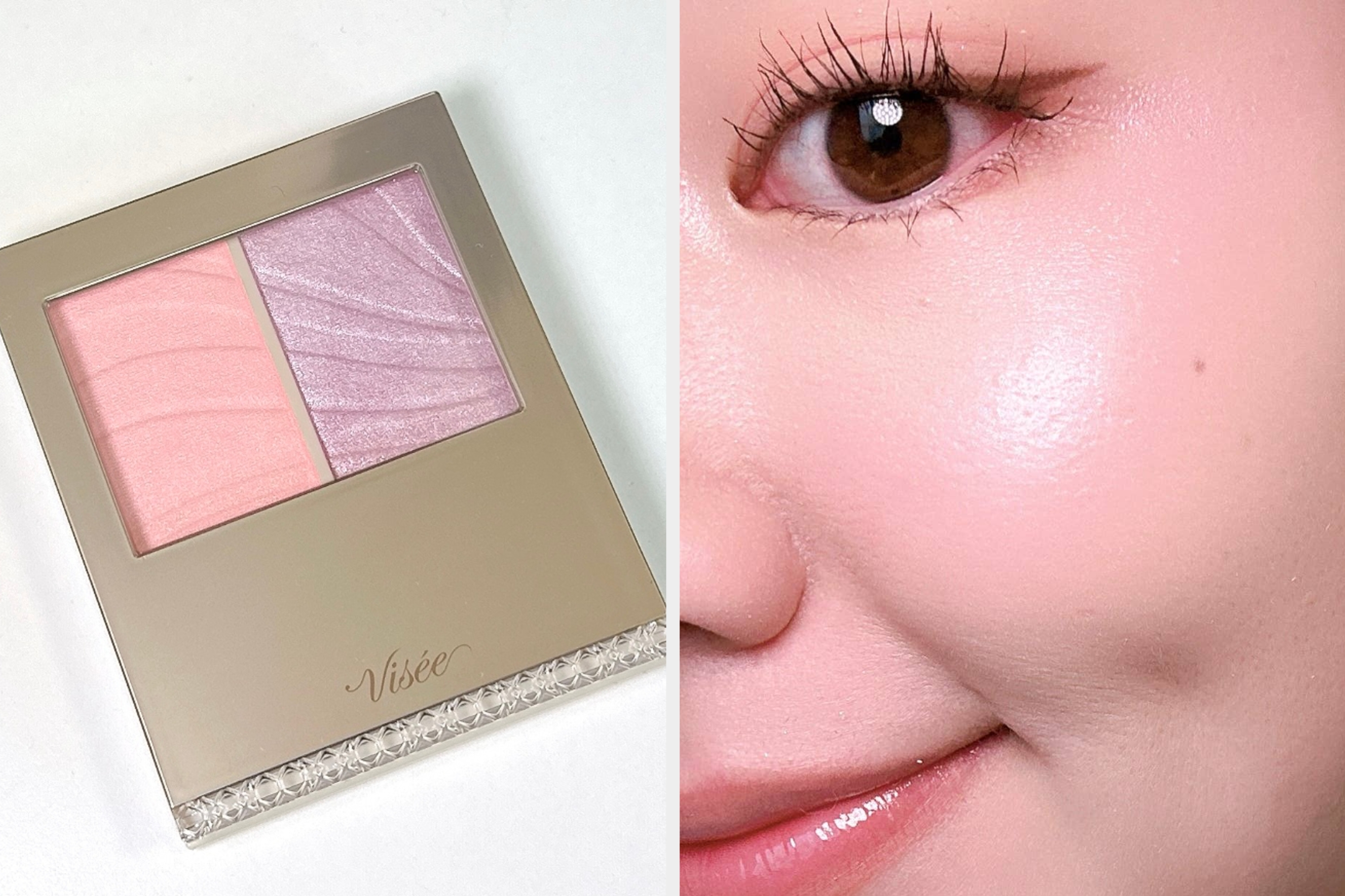 アイシャドウパレットが白い背景に配置されています。ピンク系の2色が含まれ、ブランド名「Visée」が刻印されています。