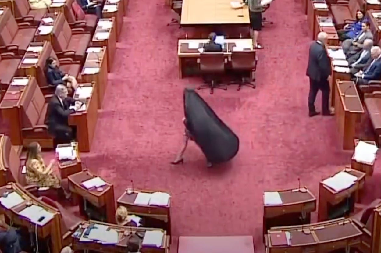 上下院に分かれたキャンベラの議会内での様子。多くの議員が席に座っている。拍手する議員もいる。