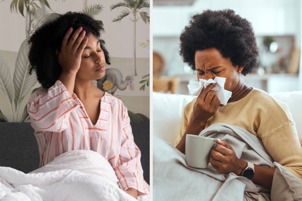 Left: Person in striped pajama top holding head in discomfort. Right: Person with a blanket, using a tissue, holding a mug