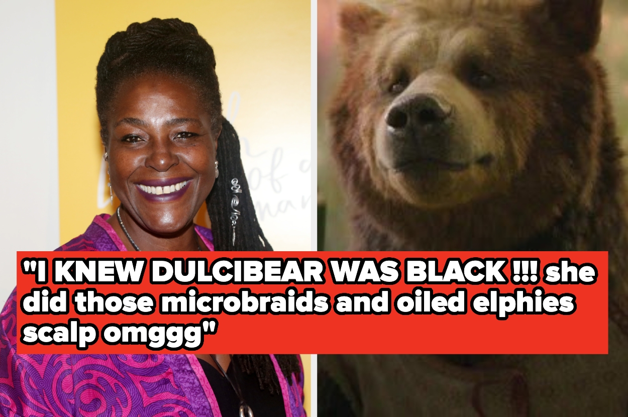 Split image: Left shows a smiling woman with braided hair; right features a bear character. A text overlay references hairstyle and a humorous reaction