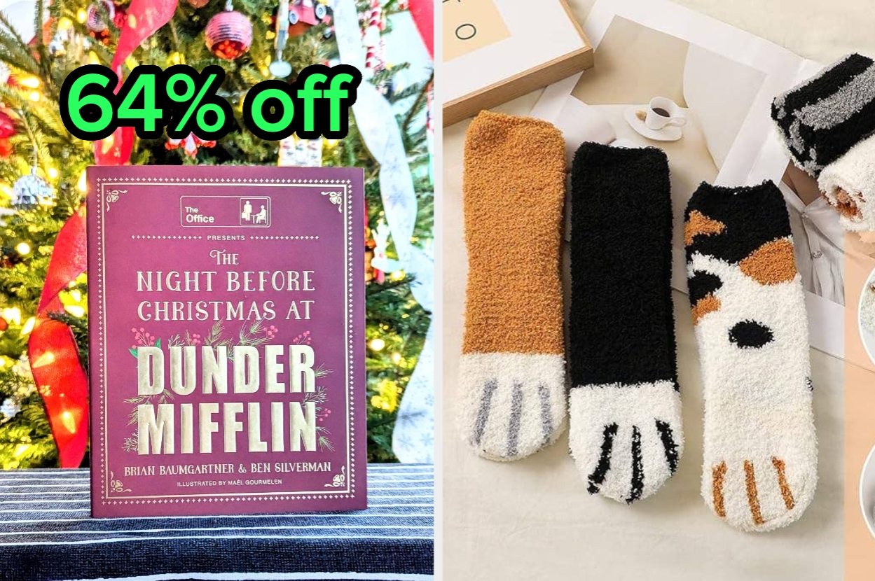 Book titled "The Night Before Christmas at Dunder Mifflin" next to cozy animal-themed socks, with a "64% off" label
