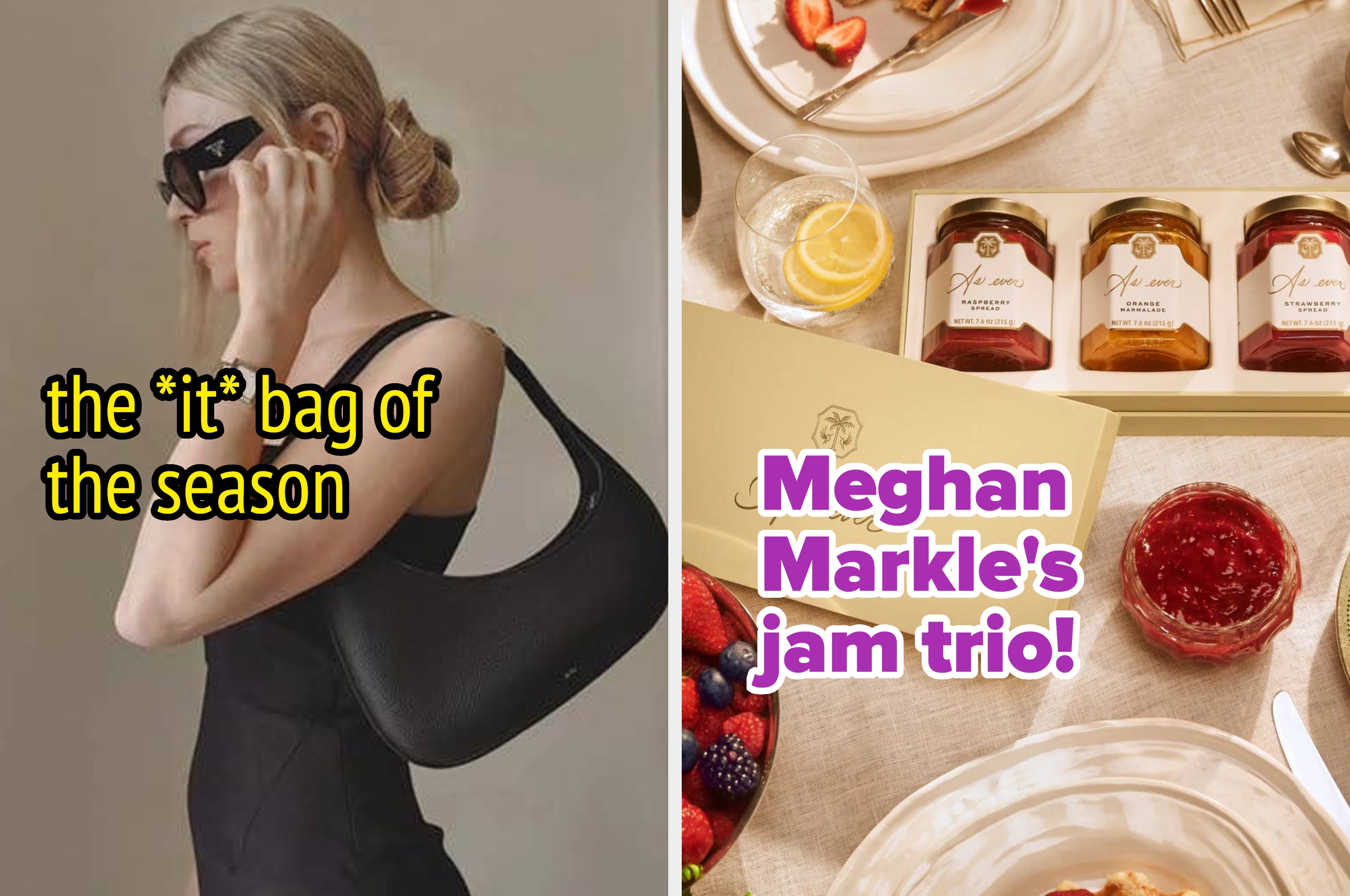 Woman in stylish black dress with a trendy bag; adjacent, a table with jam jars labeled "Megan Markle's jam trio!"