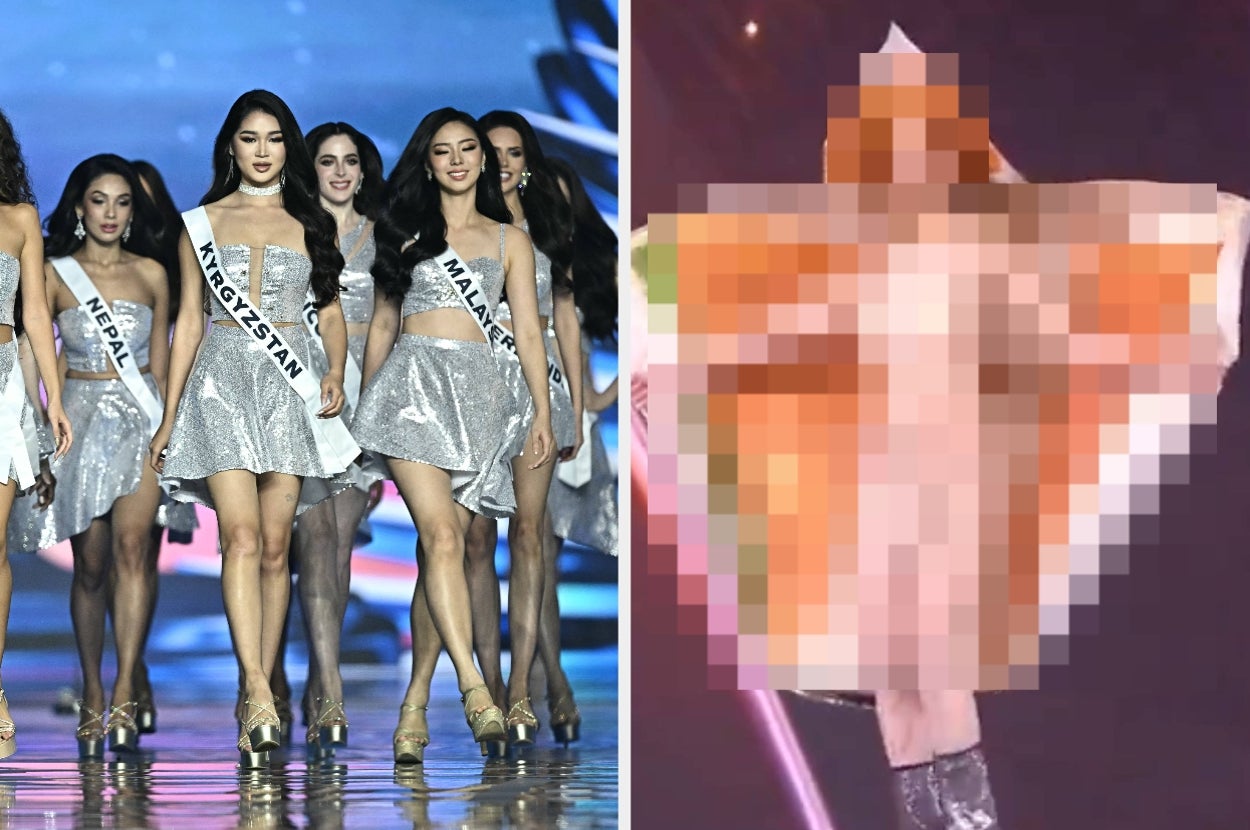 左: ランウェイを歩くミスコン参加者たち。右: ステージ上で特異な衣装を披露する人物。