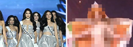 左: ランウェイを歩くミスコン参加者たち。右: ステージ上で特異な衣装を披露する人物。