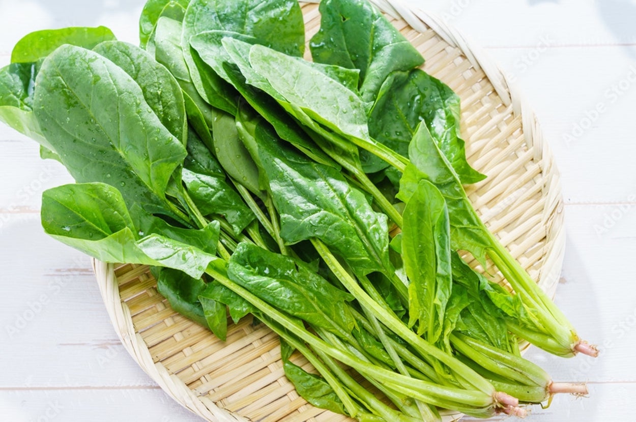 ザルに載った新鮮なほうれん草の束。葉がみずみずしく、料理やサラダに最適。