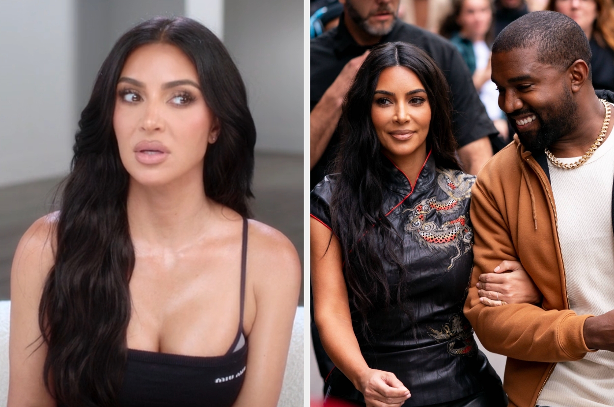Left: Kim Kardashian speaking in a TV confessional. Right: Kim and Kanye West walking outdoors