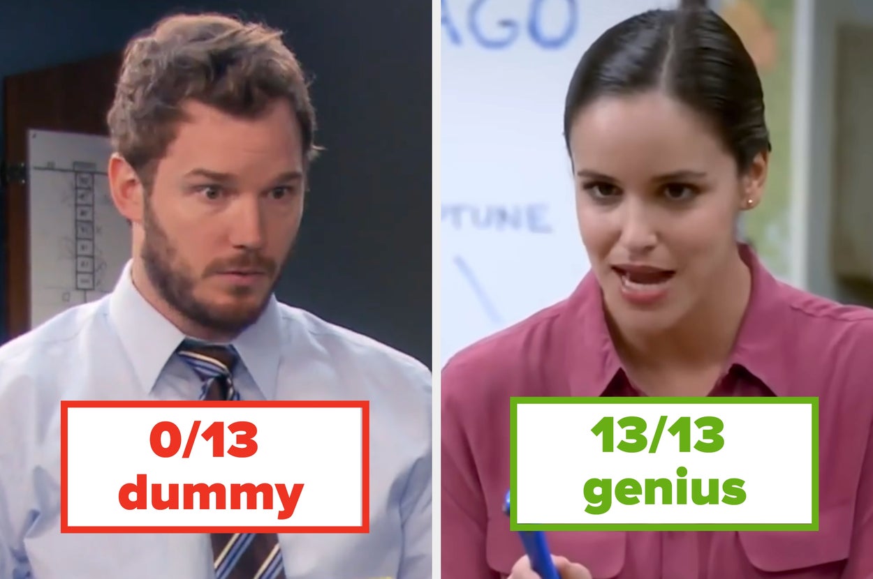 Two people shown in a split image, labeled "0/13 dummy" and "13/13 genius," suggesting a humorous contrast in intelligence