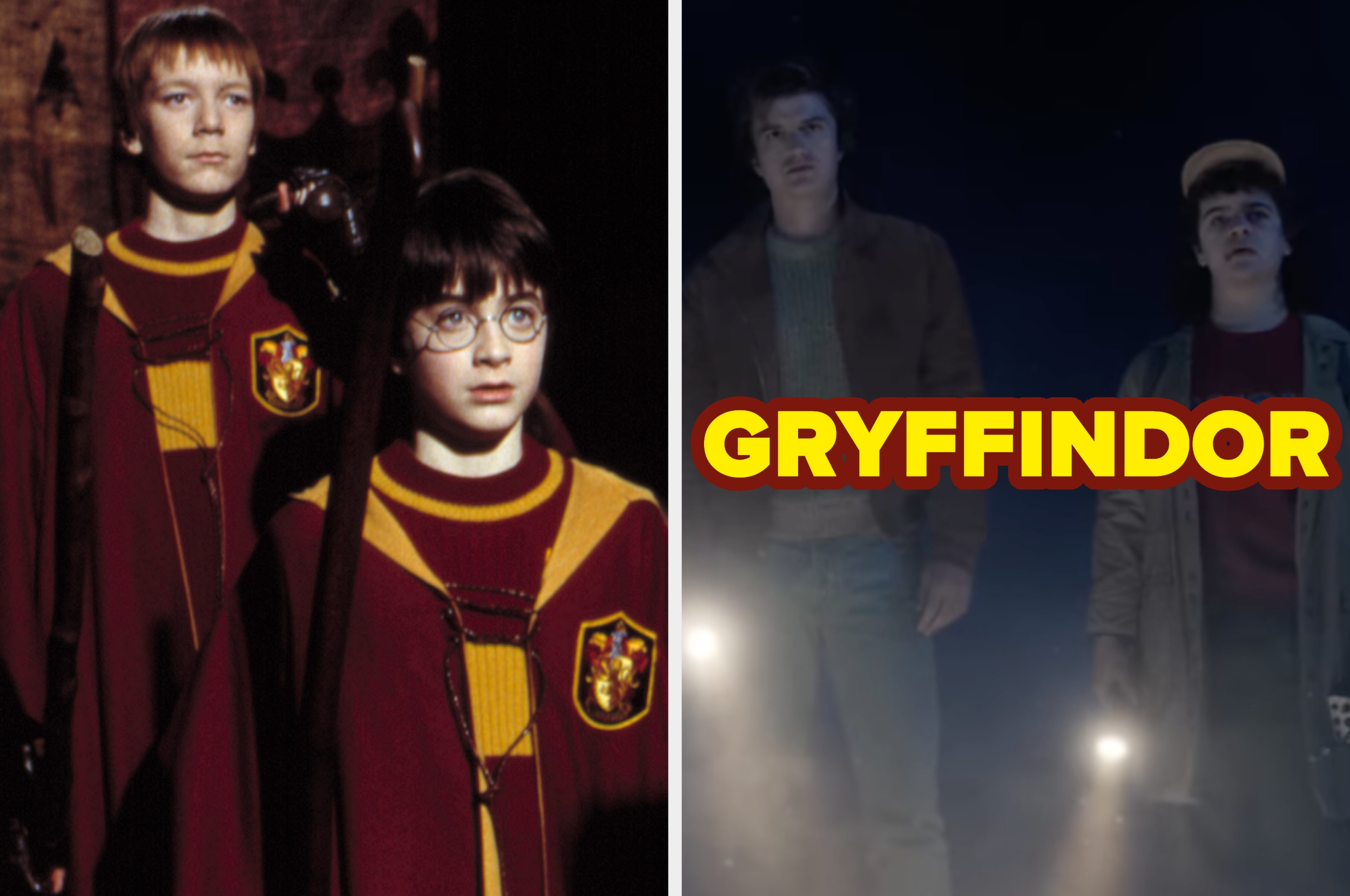 Scene mashup: Characters from a magical school in red and gold robes alongside two people with flashlights in a dark setting; "GRYFFINDOR" text overlay