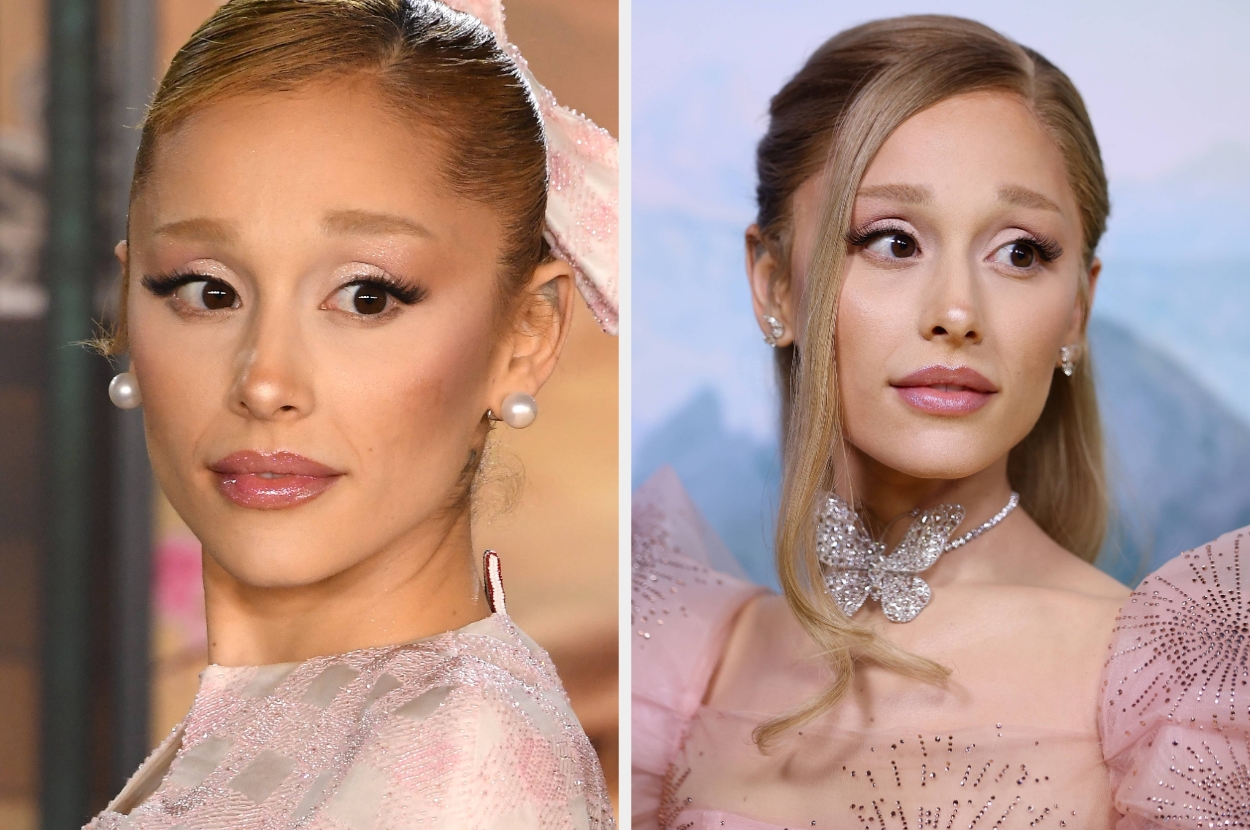Ariana Grande in an elegent dress with pearl earrings and styled hair with a bow vs Ariana Grande in an elegant dress with puffy short sleeves and a butterfly necklace
