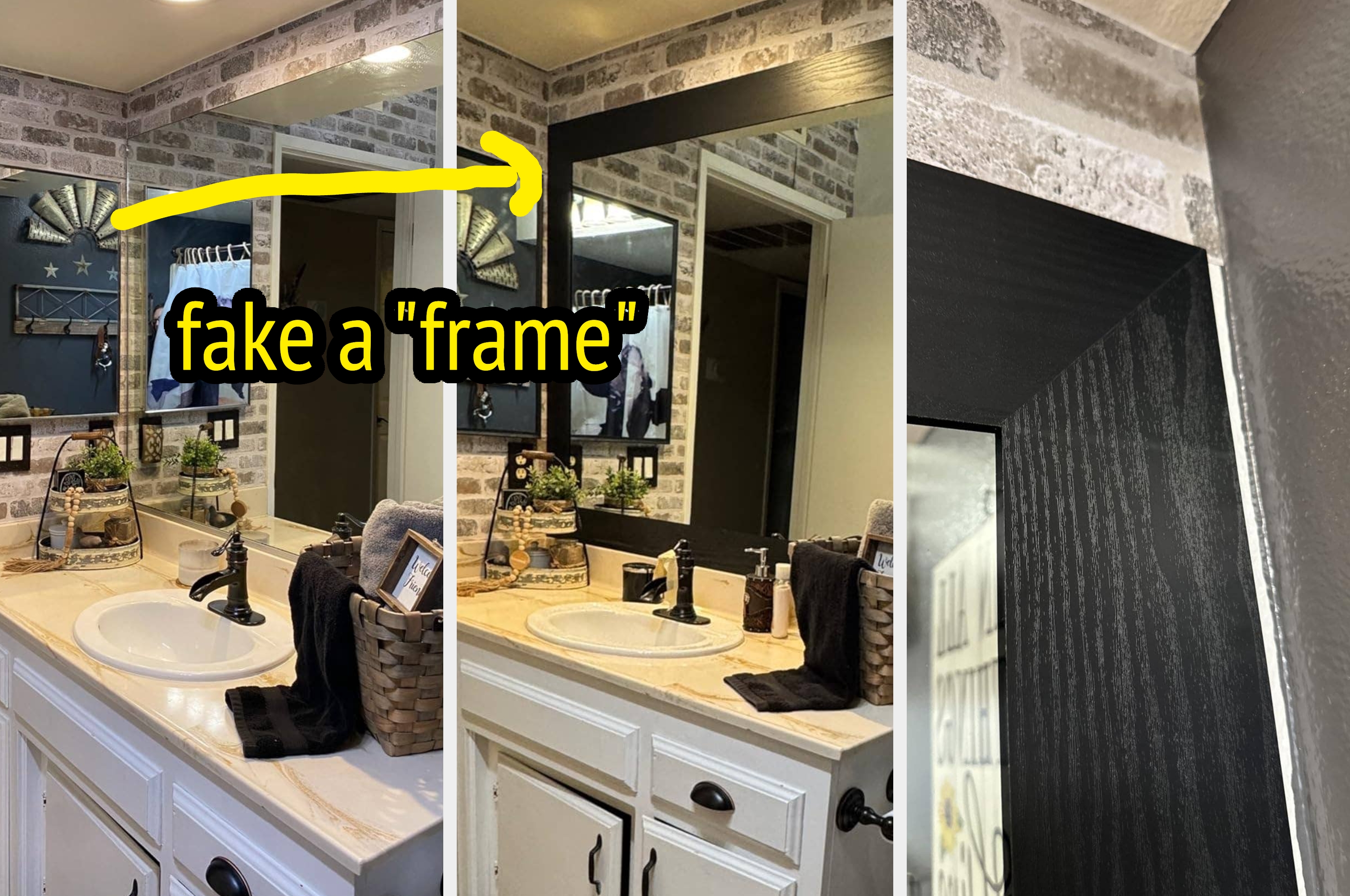 Bathroom mirror with a simple DIY project showing how to create a faux frame using painted wood strips