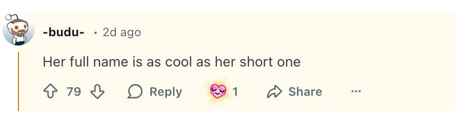 A societal  media remark  says, &quot;Her afloat  sanction  is arsenic  chill  arsenic  her abbreviated  one,&quot; with a bosom  emoji and 79 upvotes