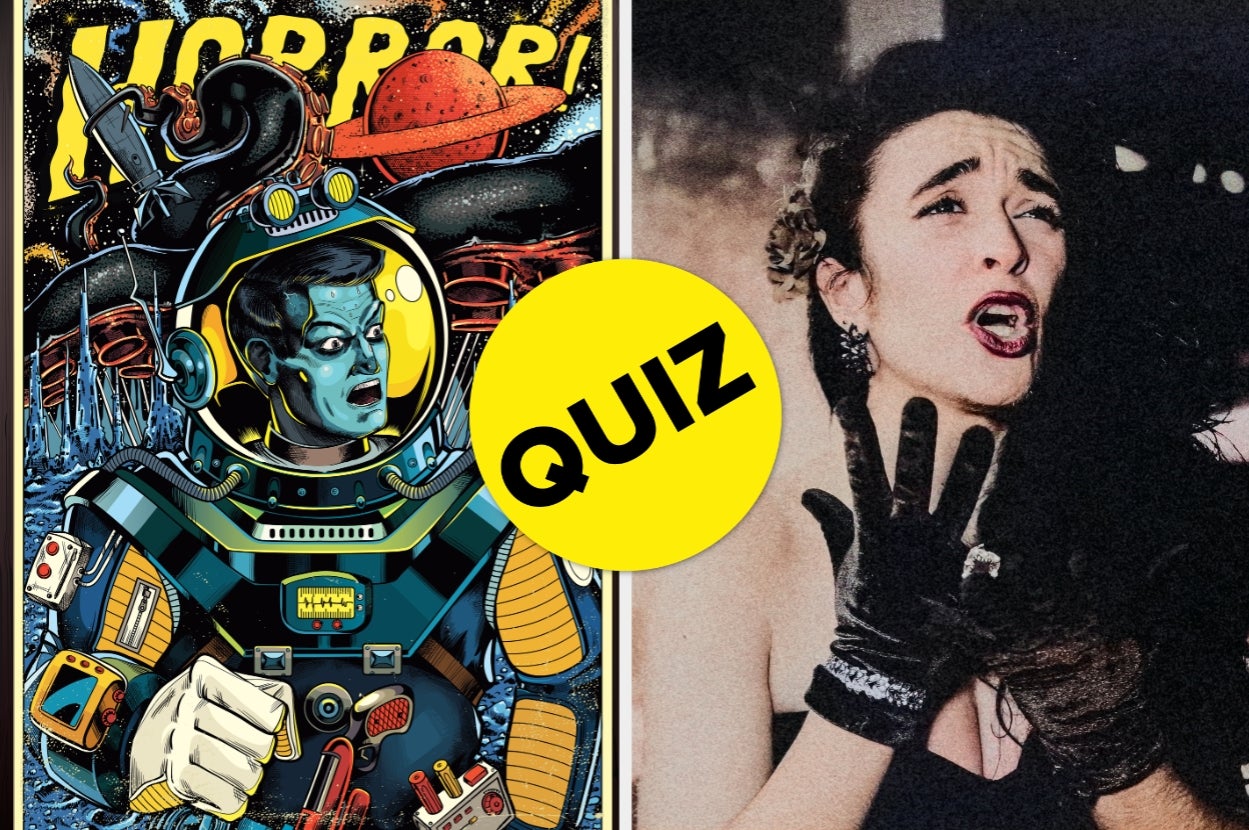 Comic-style astronaut in front of a monster; a woman with expressive face and gloves, seemingly acting. Yellow "Quiz" circle in the center