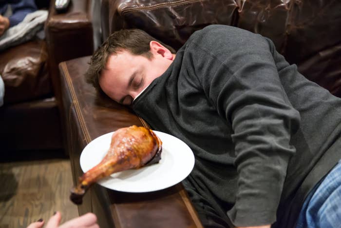 Person asleep on a couch with a large turkey leg on a plate in front