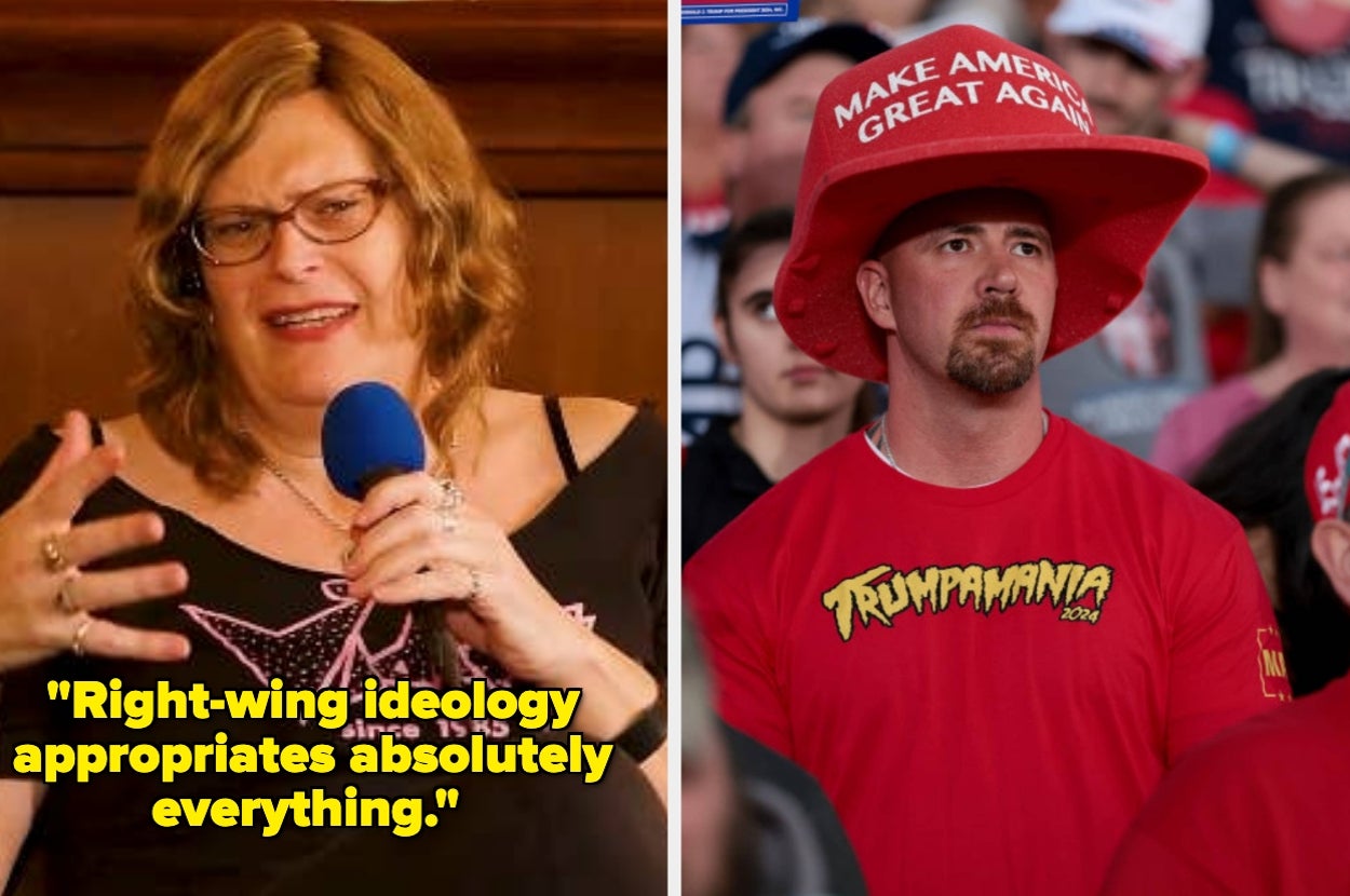 Image split: Left shows a person speaking with a mic, captioned "Right-wing ideology appropriates absolutely everything." Right features a person in a "MAGA" hat
